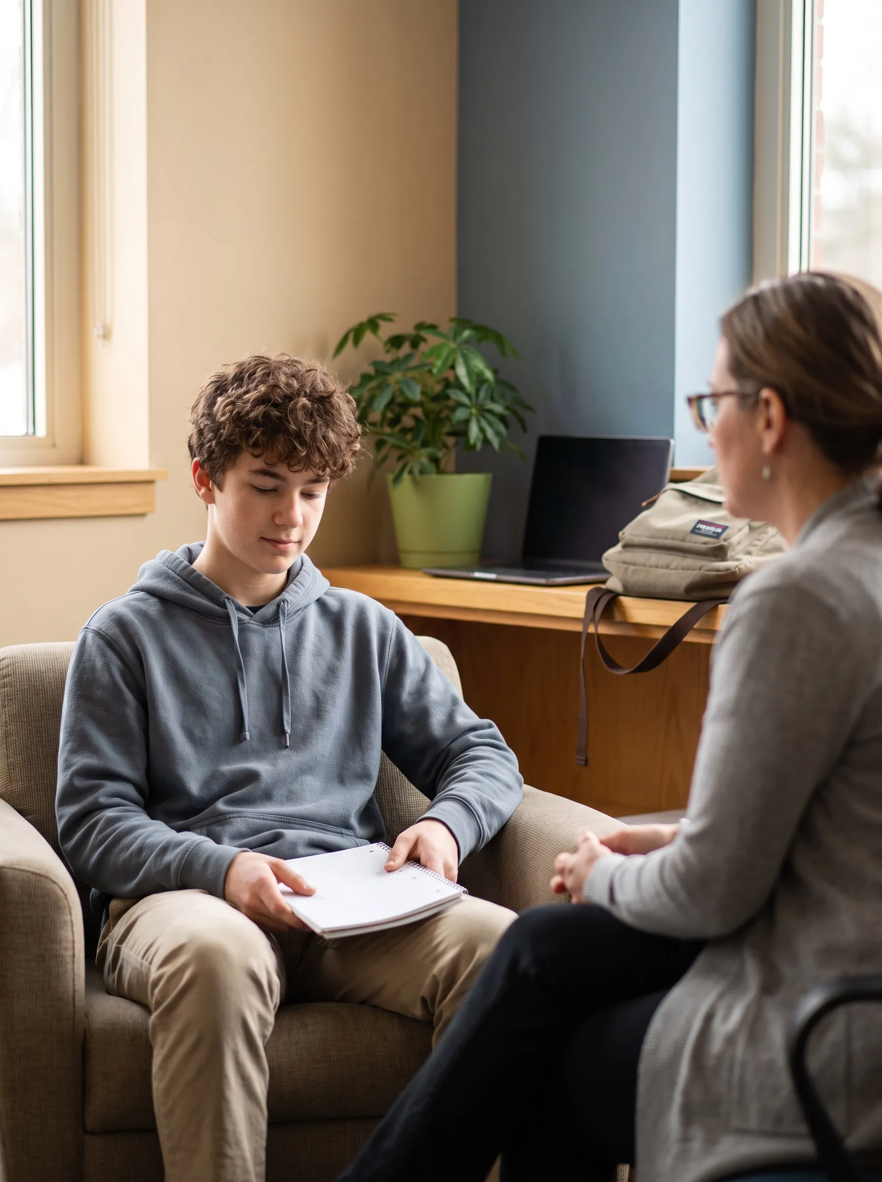 Estudante em consulta com psicólogo escolar