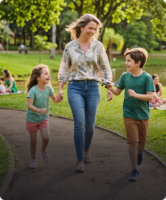 Família caminhando e sorrindo ao ar livre
