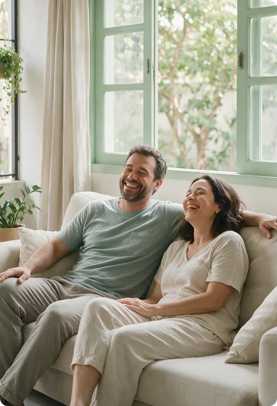 Casal sorrindo em momento de acolhimento e bem-estar